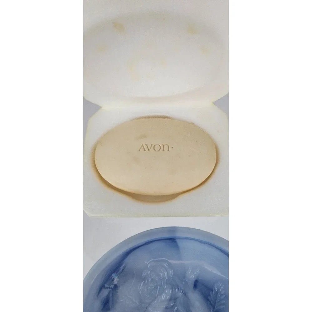 Avon Victoriana Soap Dish & Soap Set Blue Slag Glass Rose 1978 Vintage Special